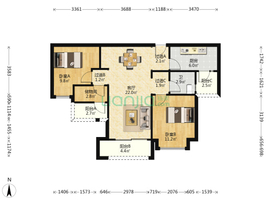 富力院士廷琅境 2室1厅1卫 83平方
