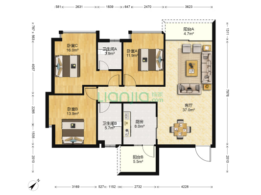 昕景华府 3室1厅2卫 130平方