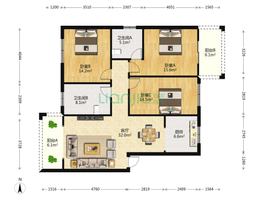 百花新城 3室1厅2卫 125平方