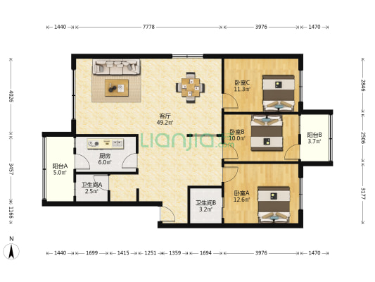 达尔曼花园 3室1厅2卫 116平方