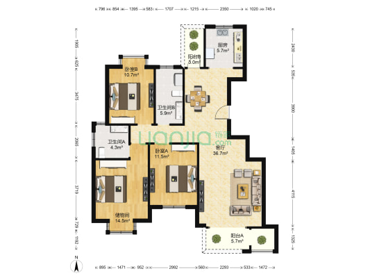 天伦华庭 2室1厅2卫 121平方