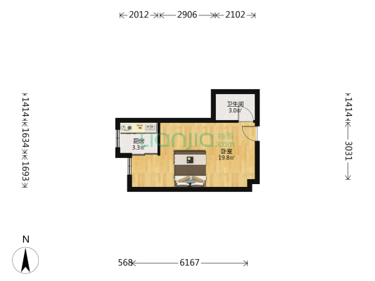 水木天地都市广场的精装房一室  带厨房  出行方便-户型图