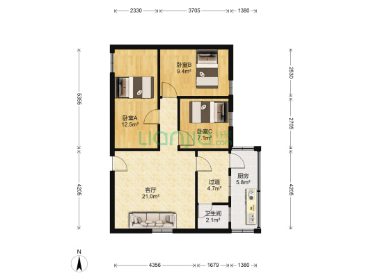 轮胎厂宿舍 3室1厅1卫 68平方