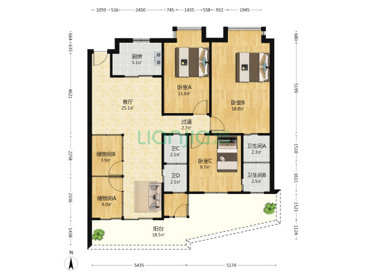 润联大厦 3室1厅4卫 125平方
