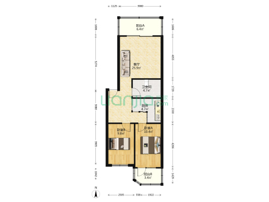 板楼公摊小，拎包入住，南北通透两居，-户型图