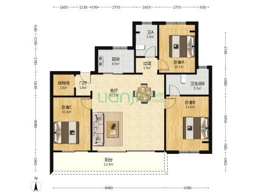 敔山公元 3室1厅2卫 128平方