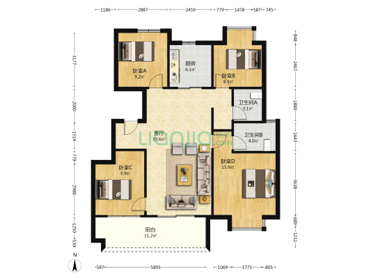 弘阳中梁时光天樾 4室1厅2卫 119平方