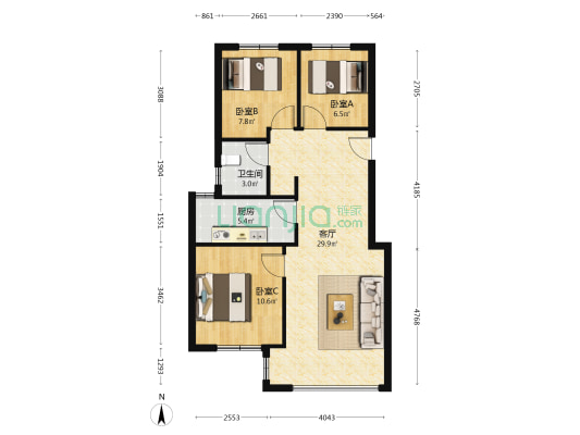 孔雀城公馆 3室1厅1卫 85平方