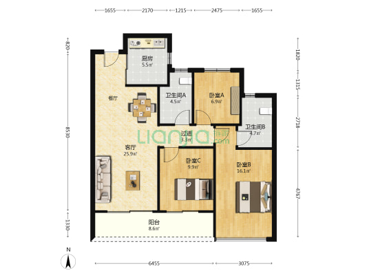 绿城樾鸣春晓园 3室1厅2卫 105平方