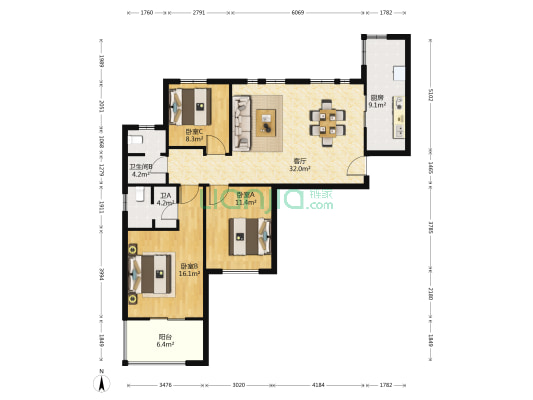 高科绿水东城一期 3室1厅2卫 127平方
