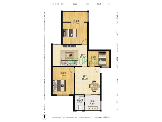 省电大宿舍 3室2厅1卫 89平方