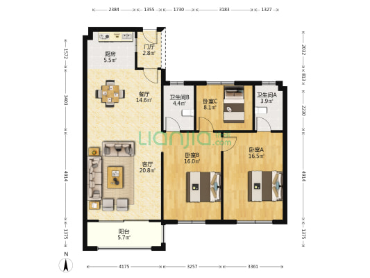 绿姿公寓 3室2厅2卫 122平方