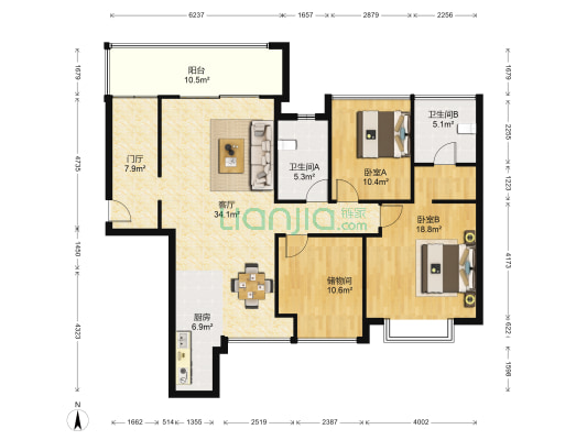 升禾·绿城世界 2室1厅2卫 115平方