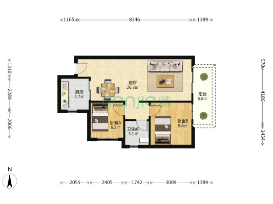 五象澜庭府锦苑 2室1厅1卫 70平方