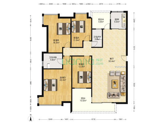 云山诗意花园一期 4室1厅2卫 172平方