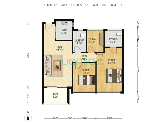 盛荟居 3室1厅2卫 86平方
