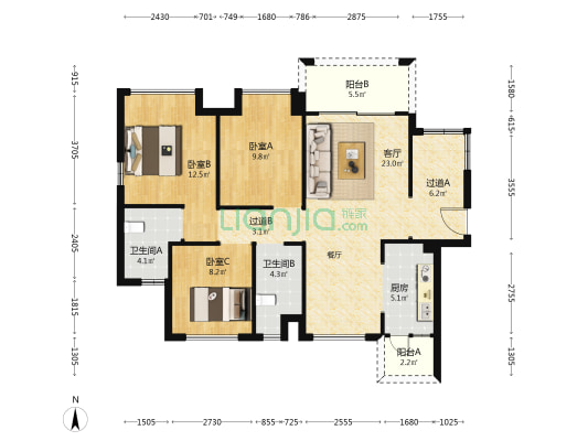 锦兴旗山华府 3室1厅2卫 95平方