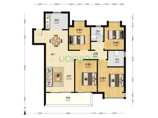 如东雨润城 4室1厅2卫 130平方