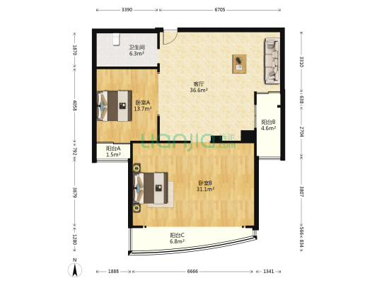 阳光铭座 2室1厅1卫 135平方