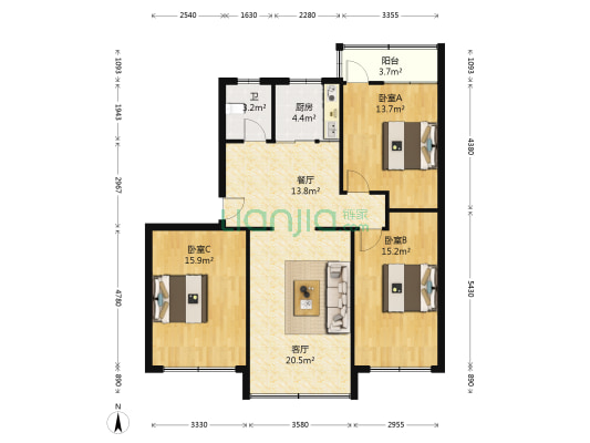 小王子宿舍 3室2厅1卫 109平方