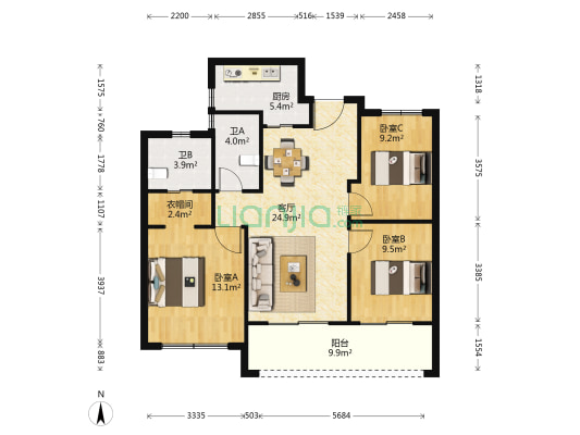 前湾国际社区中区 3室1厅2卫 98平方
