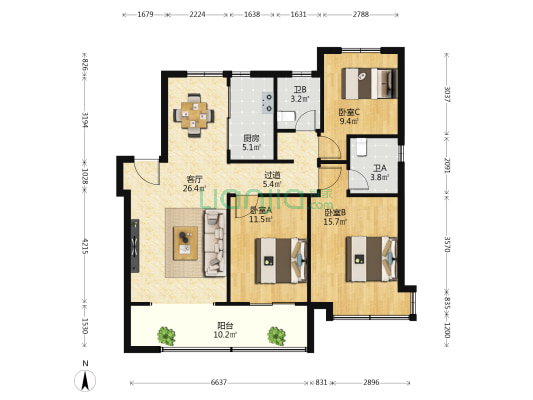 万科翡翠书院A区 3室1厅2卫 130平方