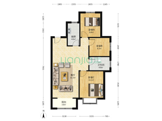 房本满二，带一个产权车位，好楼层 全天采光-户型图