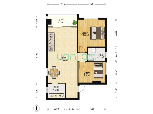 美满家园 2室1厅1卫 80平方