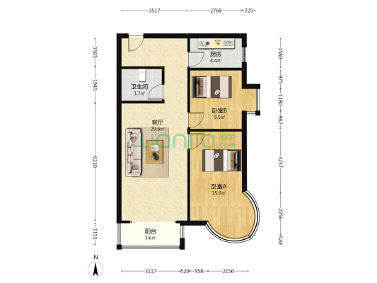 东南高楼层，采光视野好，圆弧大阳台-户型图