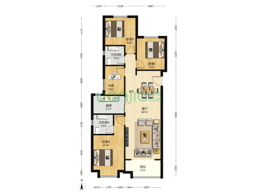 领航悦宸 4室1厅2卫 126平方