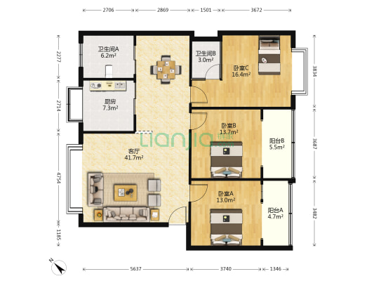 605地质队家属院 3室1厅2卫 129平方