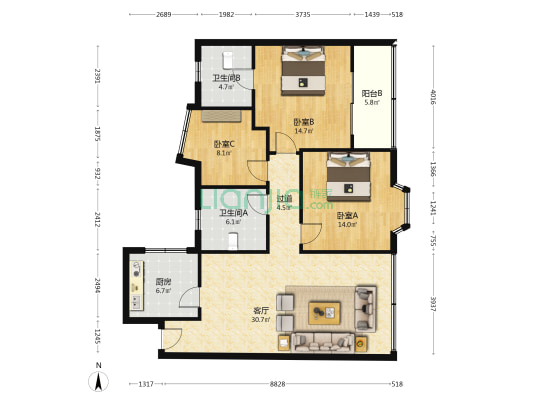 畅旺广场 3室1厅2卫 113平方