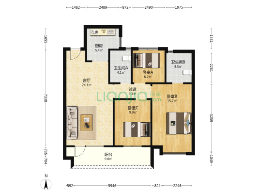 梁城首府 3室1厅2卫 104平方