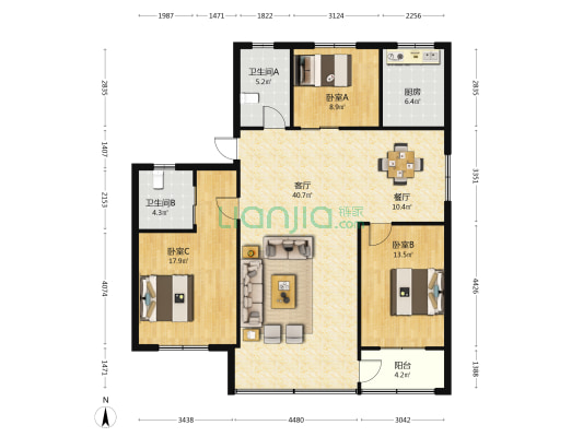 耀江花苑 3室2厅2卫 136平方