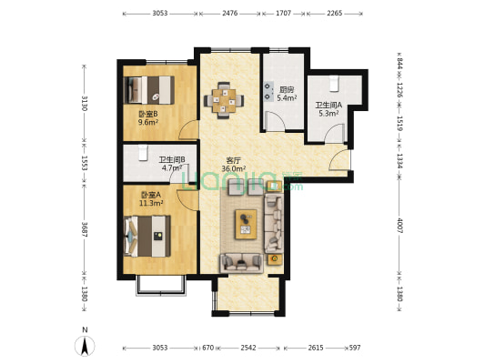 中房馨美域 2室1厅2卫 107平方