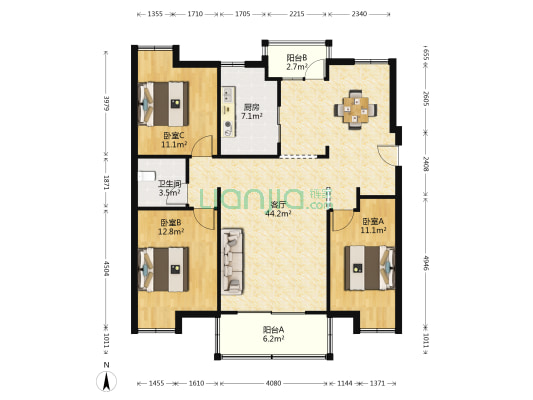新天地商业广场 3室1厅1卫 126平方