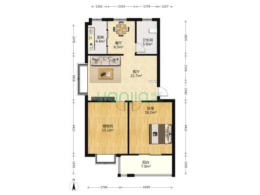 清河嘉园 1室2厅1卫 94平方