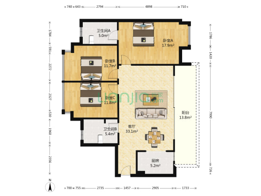 玉湖苑 3室1厅2卫 116平方