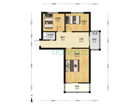 中心医院宿舍 3室1厅1卫 64平方