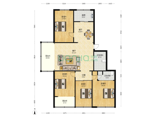 太原市农行宿舍 4室2厅2卫 188平方