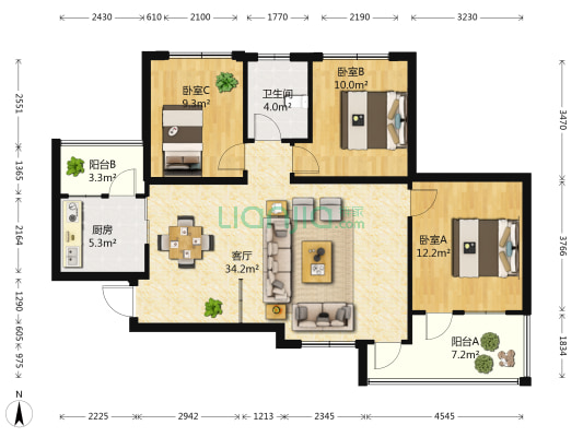 蓝光颐明园 3室1厅1卫 98平方