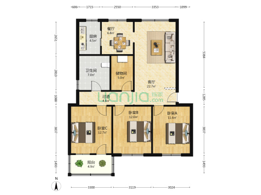 复兴南路13-8号 3室2厅1卫 105平方