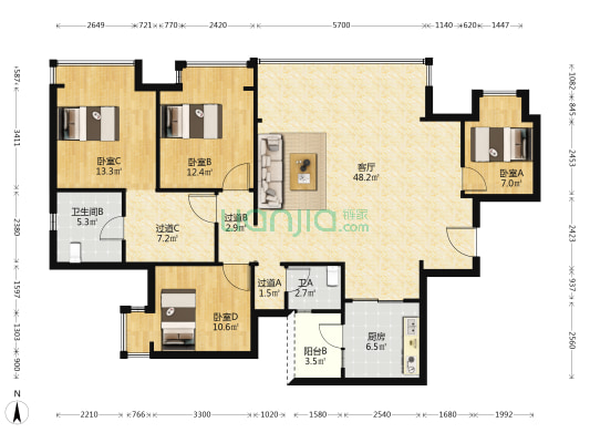 阳光城云湖里E组团 4室1厅2卫 142平方
