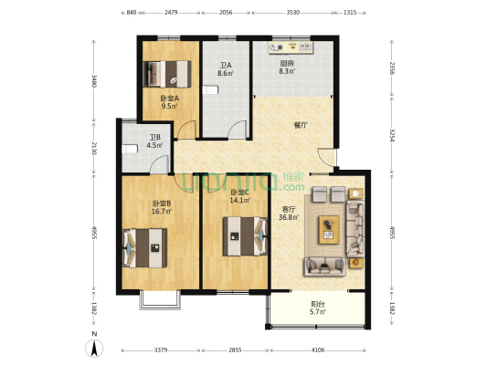 西城花园 3室1厅2卫 122平方