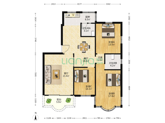 华夏小区 3室2厅2卫 126平方
