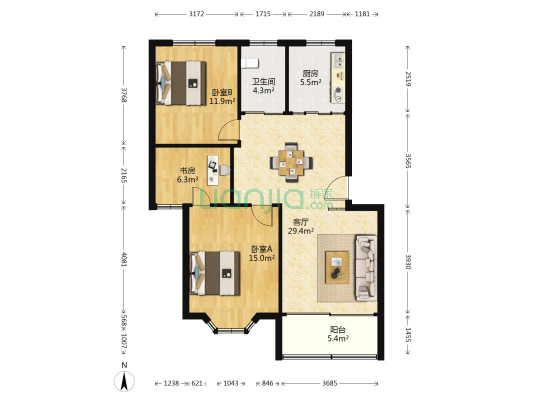 泾园二村南区 3室1厅1卫 93平方