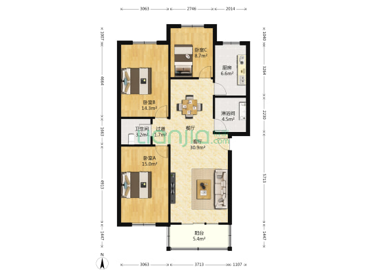 繁荣小区 3室1厅2卫 116平方