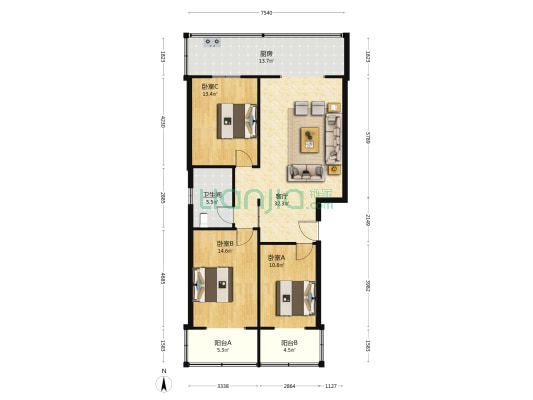 华苑小区 3室1厅1卫 121平方