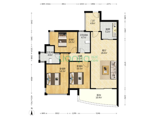 铭德华景苑北区 3室1厅2卫 108平方