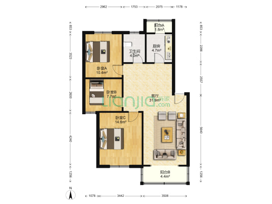桂苑二区 3室1厅1卫 90平方